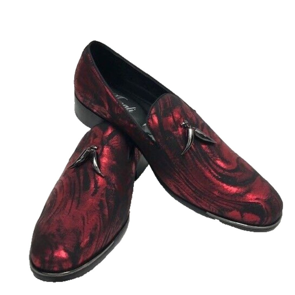 Amail Men's Red Slip on Shoes Metallic Abstract with Horn Tassels Sizes 9 - 11